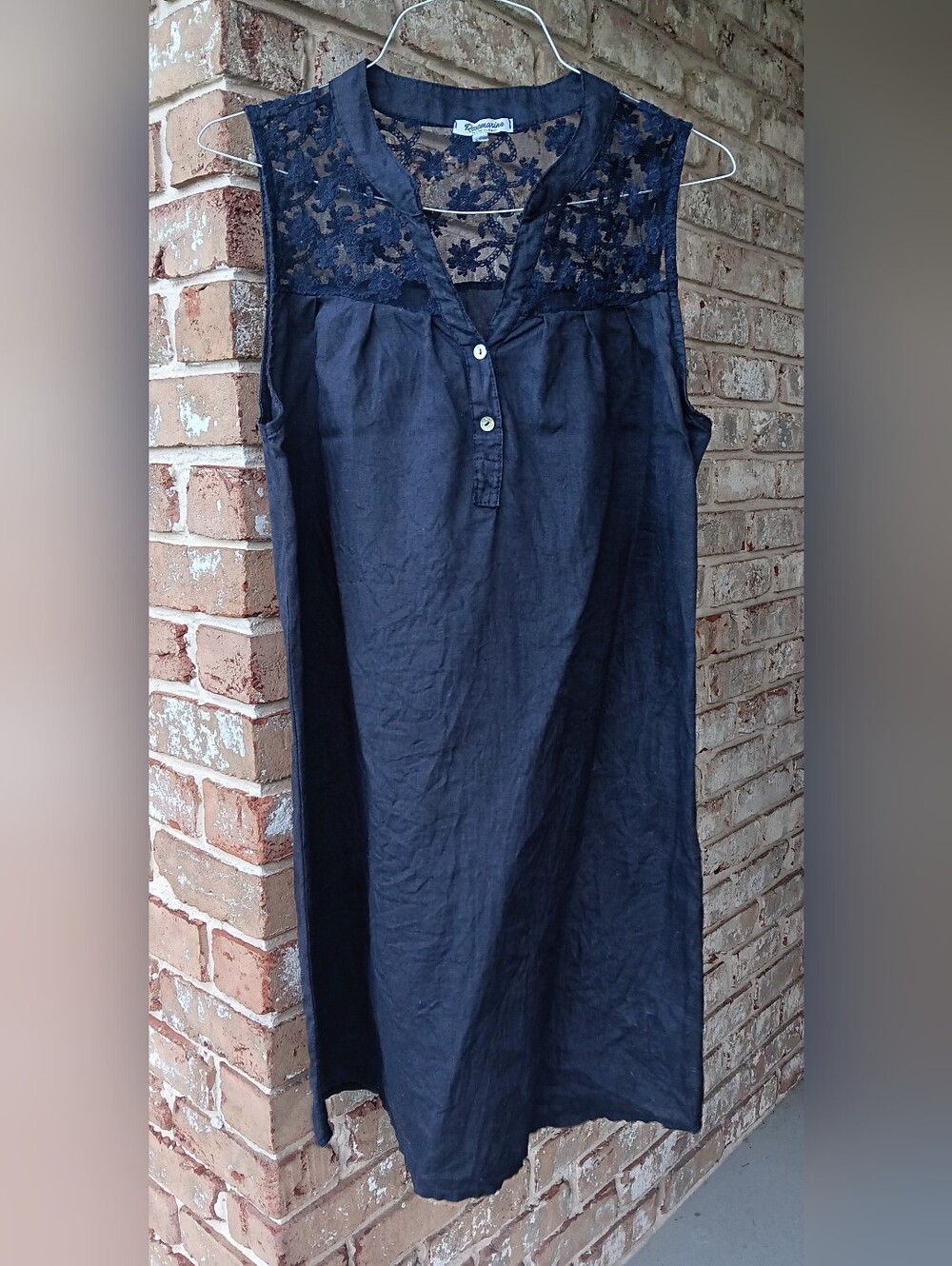 Sleeveless Navy Italian Linen Dress with Lace Yoke